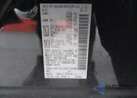 2015 Nissan Rogue Sl from USA, damaged, VIN 5N1AT2MT7FC897400